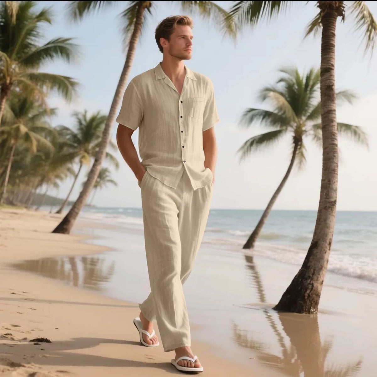 Ensemble Homme Chemise Lin Manches Courtes Col Cranté + Pantalon Long Cordon Casual Plage Vacances – CLEVI Paris