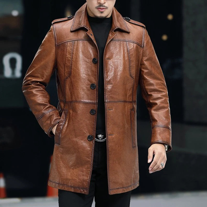 Manteau homme en cuir boutonné style rétro – CLEVI Paris