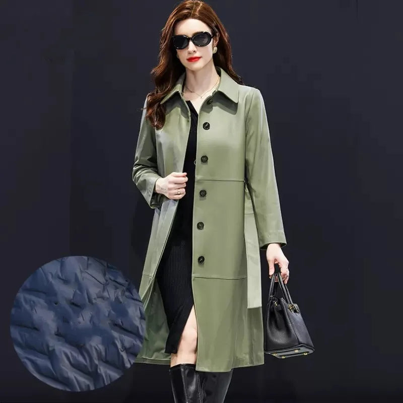 Manteau long femme cuir de mouton ceinturé – CLEVI Paris