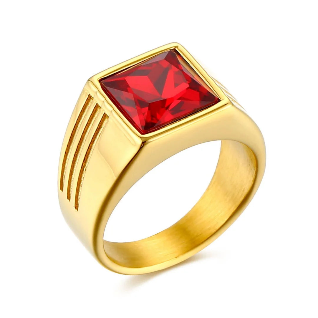 Bague carrée homme en acier et zircon rouge – CLEVI Paris