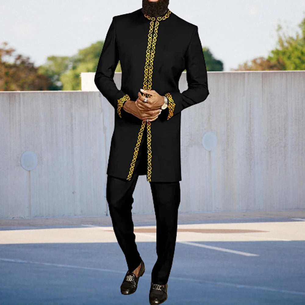 Ensemble Kaftan Homme Col Rond Manches Longues Tenue Africaine Traditionnelle 2 Pièces – CLEVI Paris