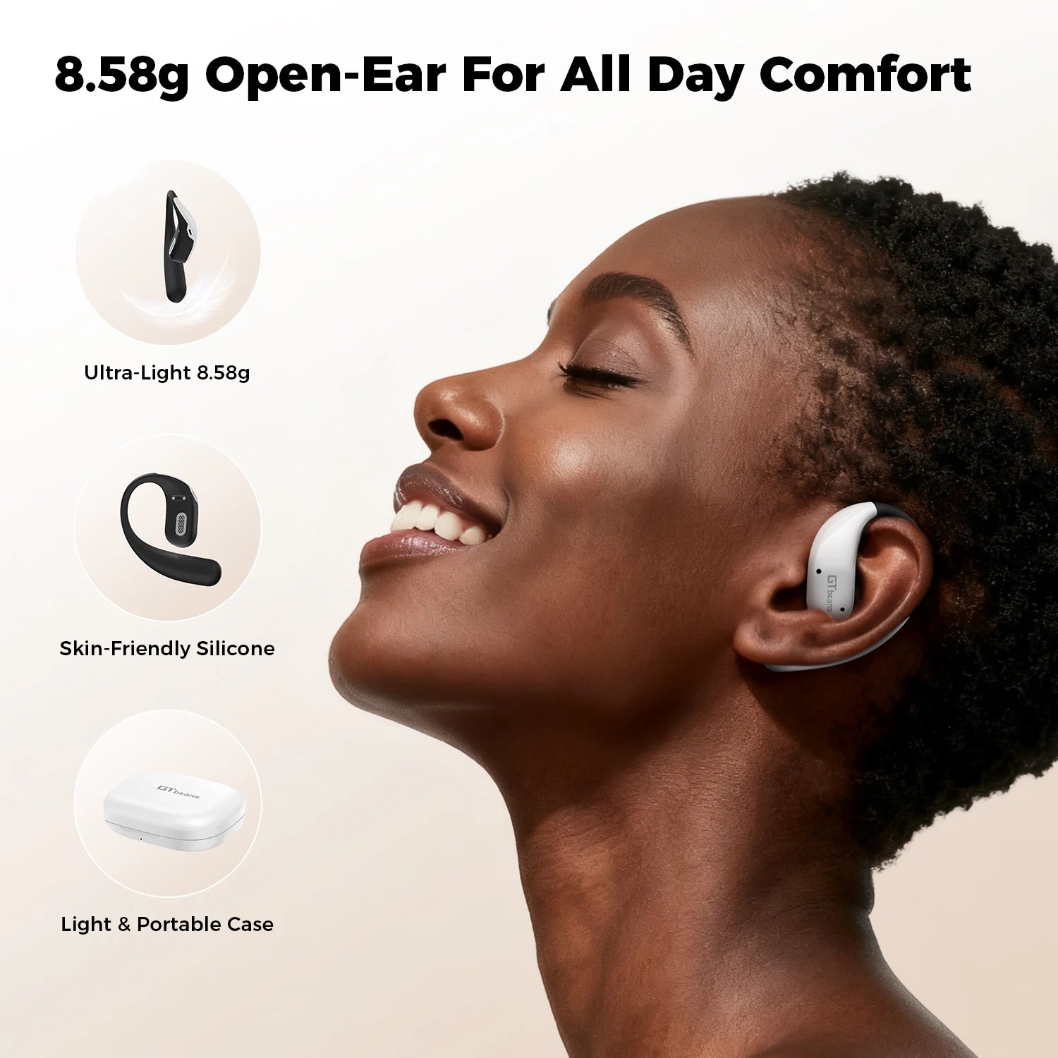 Écouteurs Open-Ear GTbeans BT 6.0 IP55 56h 4 Micros Siri – CLEVI Paris