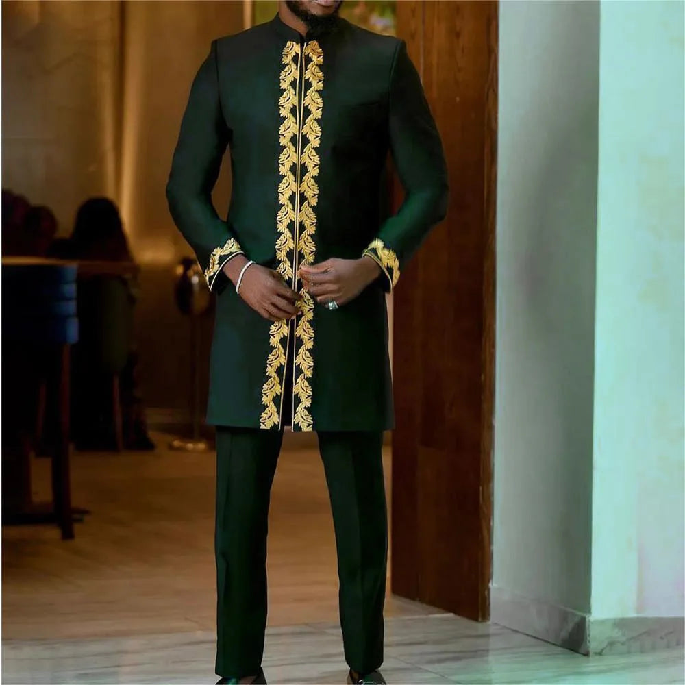 Ensemble Kaftan Homme Col Rond Manches Longues Tenue Africaine Traditionnelle 2 Pièces – CLEVI Paris