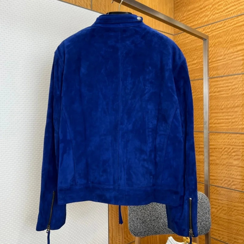 Blouson homme bleu aspect daim à col montant – CLEVI Paris