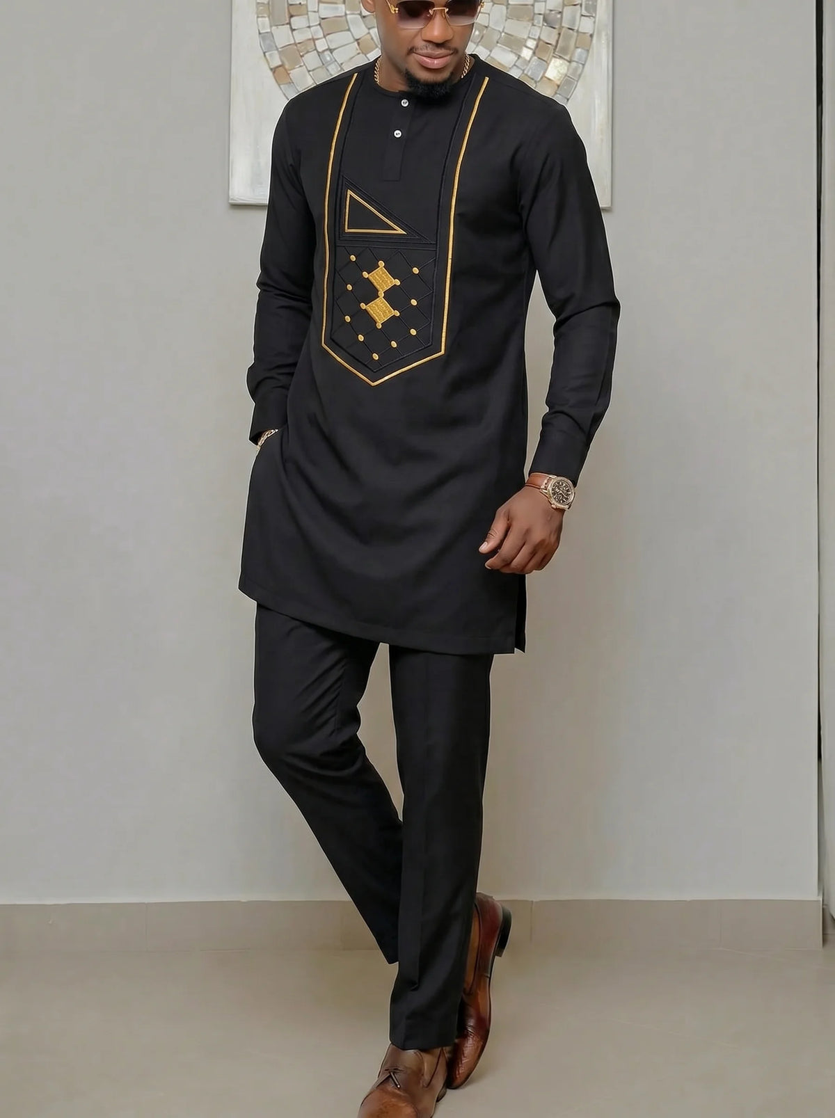 Kaftan Homme 2 Pièces Brodé Floral Col Mao Manches Longues + Pantalon Élastique Style Africain Mariage M-4XL – CLEVI Paris