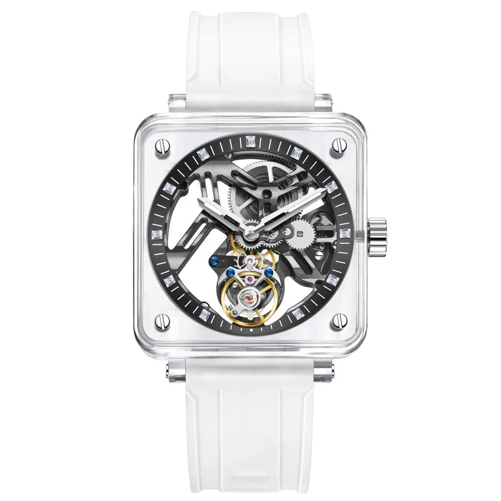 Montre Homme Tourbillon Transparent AESOP 7058G – Squelette Intégral Verre Saphir Étanche Bracelet Caoutchouc – CLEVI Paris
