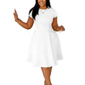 Robe Femme Grande Taille Col Rond Manches Courtes A-line Mi-Mollet Poches Casual – CLEVI Paris