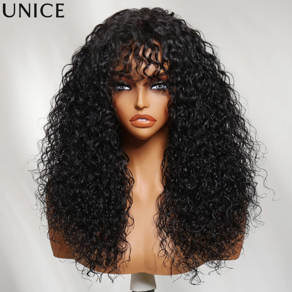 Perruque bouclée avec frange dentelle 4×2 – CLEVI Paris