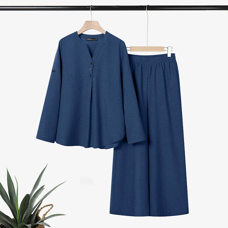Ensemble 2 Pièces Femme Blouse Col V Manches Longues Demi-Boutonnée + Pantalon Large Taille Mi-Haute Élastique Casual Bohème Marron Clair Bleu Noir – CLEVI Paris