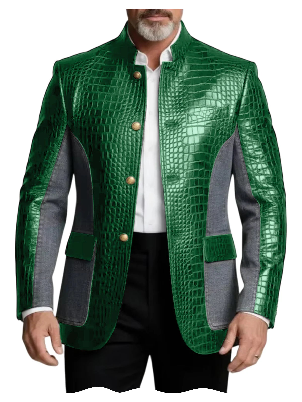 Blazer en cuir PU de luxe marron pour homme, effet croco, patchwork denim, col montant, coupe ajustée, idéal pour affaires, décontracté ou soirée