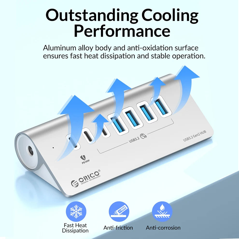 Docking Station ORICO USB-C 10Gbps 4 7 Ports PD60W Aluminium PC Mac – CLEVI Paris