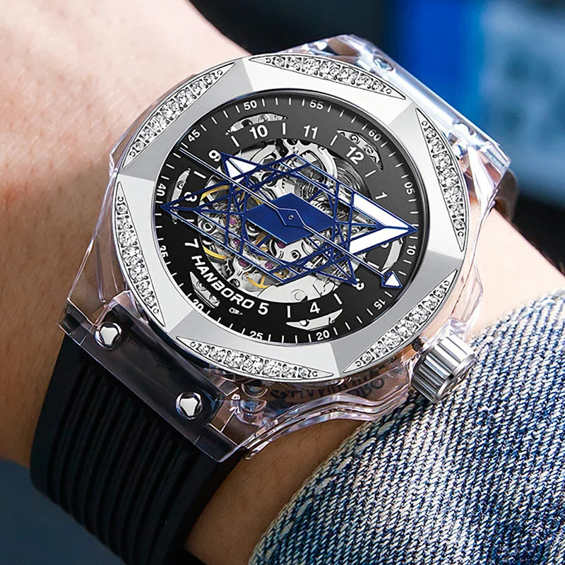 Montre Unisexe Automatique Squelette Boîtier Transparent Aiguilles Tatouage Hanboro A996 – CLEVI Paris