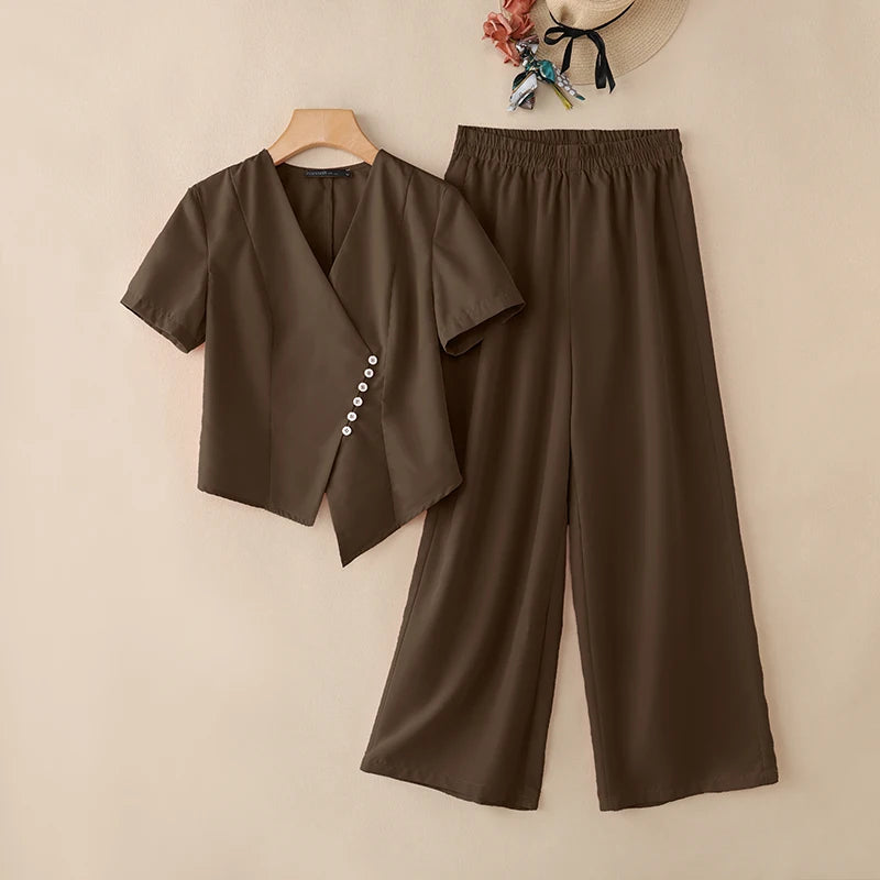 Ensemble 2 Pièces Femme Blouse Col V Manches Courtes Plissée + Pantalon Large Taille Mi-Haute Élastique OL Casual 3 Coloris – CLEVI Paris