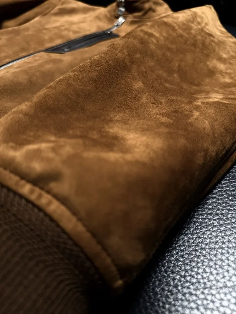 Veste homme en cuir marron clair à col montant – CLEVI Paris