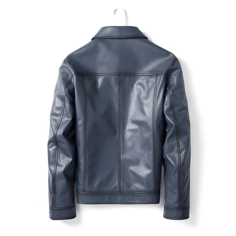 Blouson homme en cuir bleu à poches à rabat – CLEVI Paris