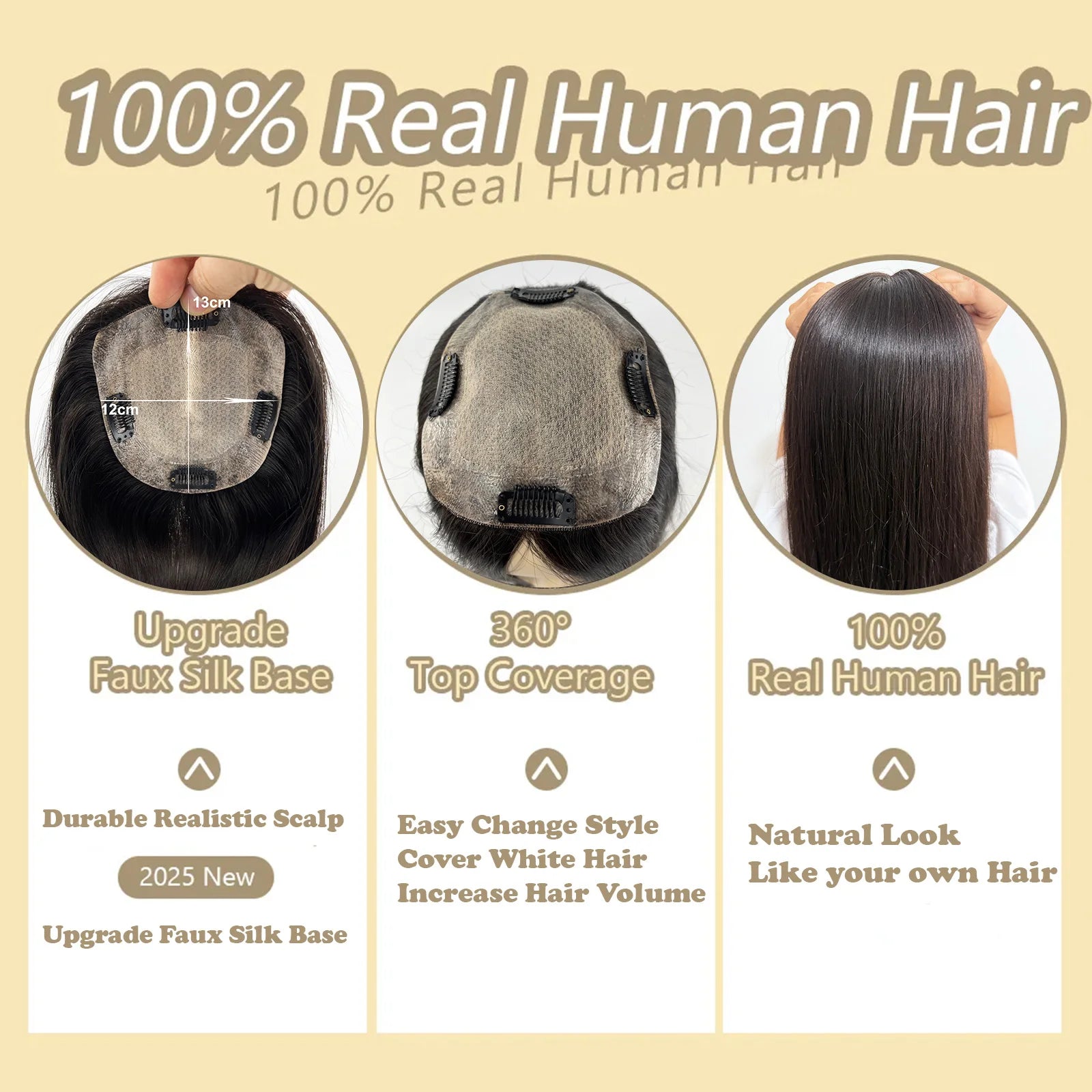 Topper Capillaire Femme Cheveux Humains Remy Base Soie 12x13cm 150% – CLEVI Paris