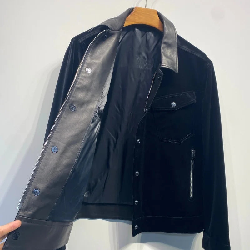 Veste homme noire effet velours à col contrastant – CLEVI Paris