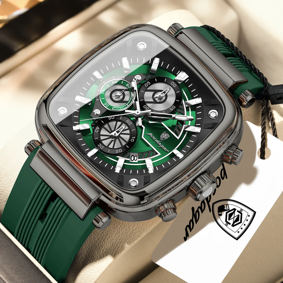 POEDAGAR 849 Montre Homme Quartz Carrée Chronographe Silicone Lumineux 30M – CLEVI Paris