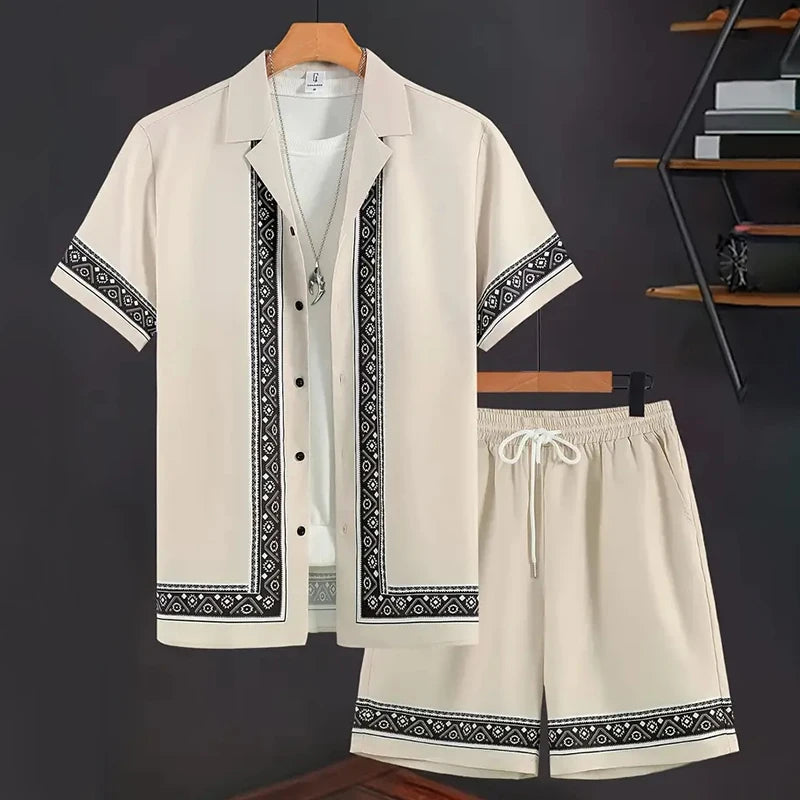 Ensemble 2 Pièces Homme Chemise Manches Courtes Col Cranté Imprimée Boutonnée + Short Cordon Style Hawaïen Beach Rétro Grande Taille – CLEVI Paris