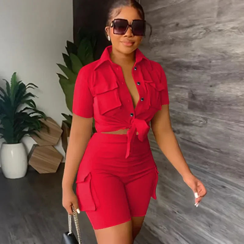Ensemble Deux Pièces Femme Streetwear – Chemise Boutonné Manches Courtes & Short Assorti – CLEVI Paris