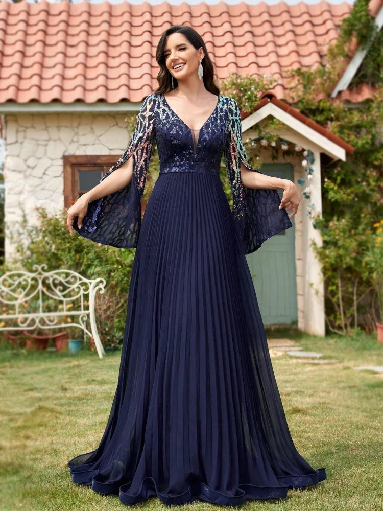 Robe de soirée longue à paillettes fendue – CLEVI Paris