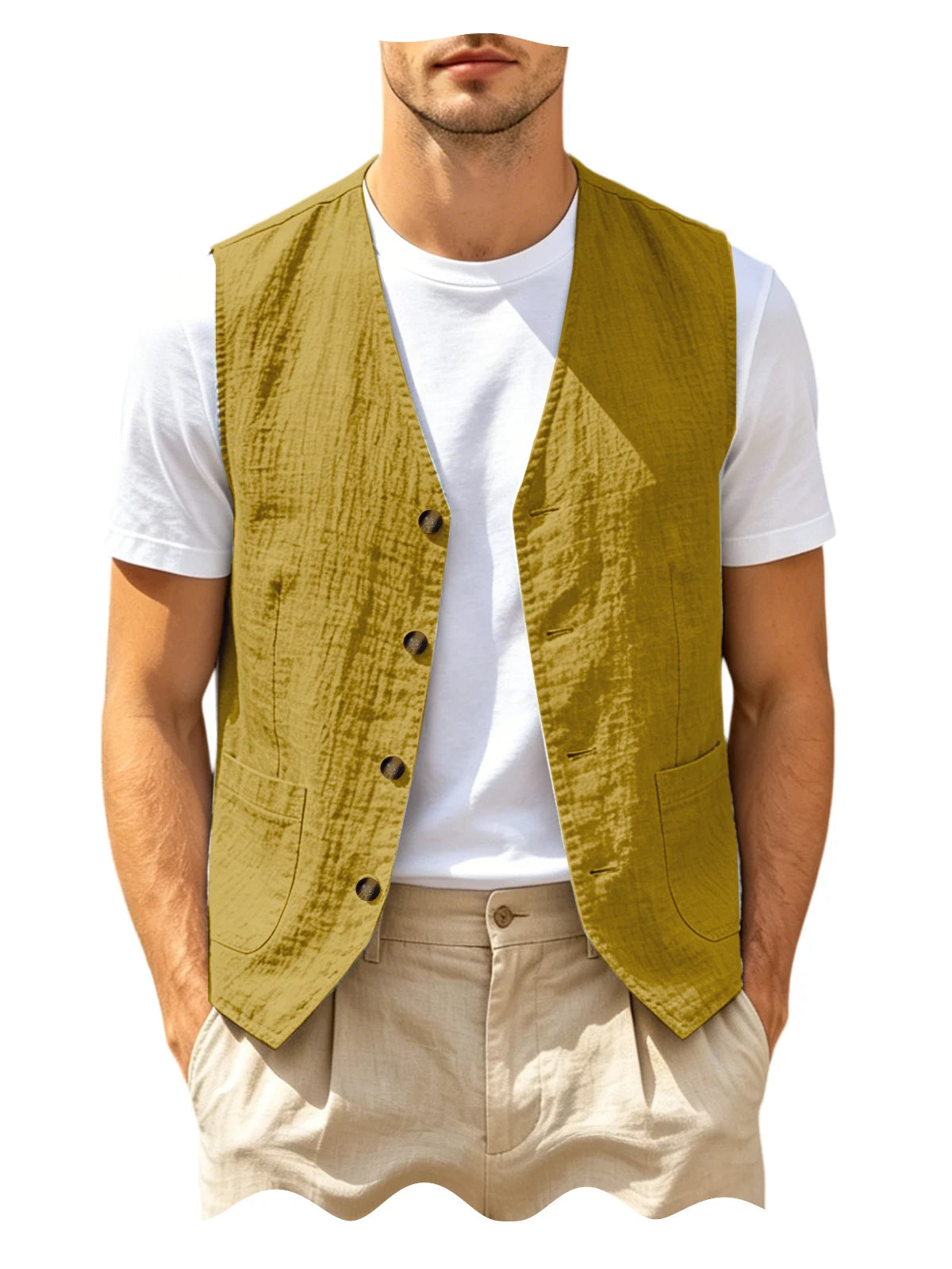 Gilet homme en lin col V – CLEVI Paris