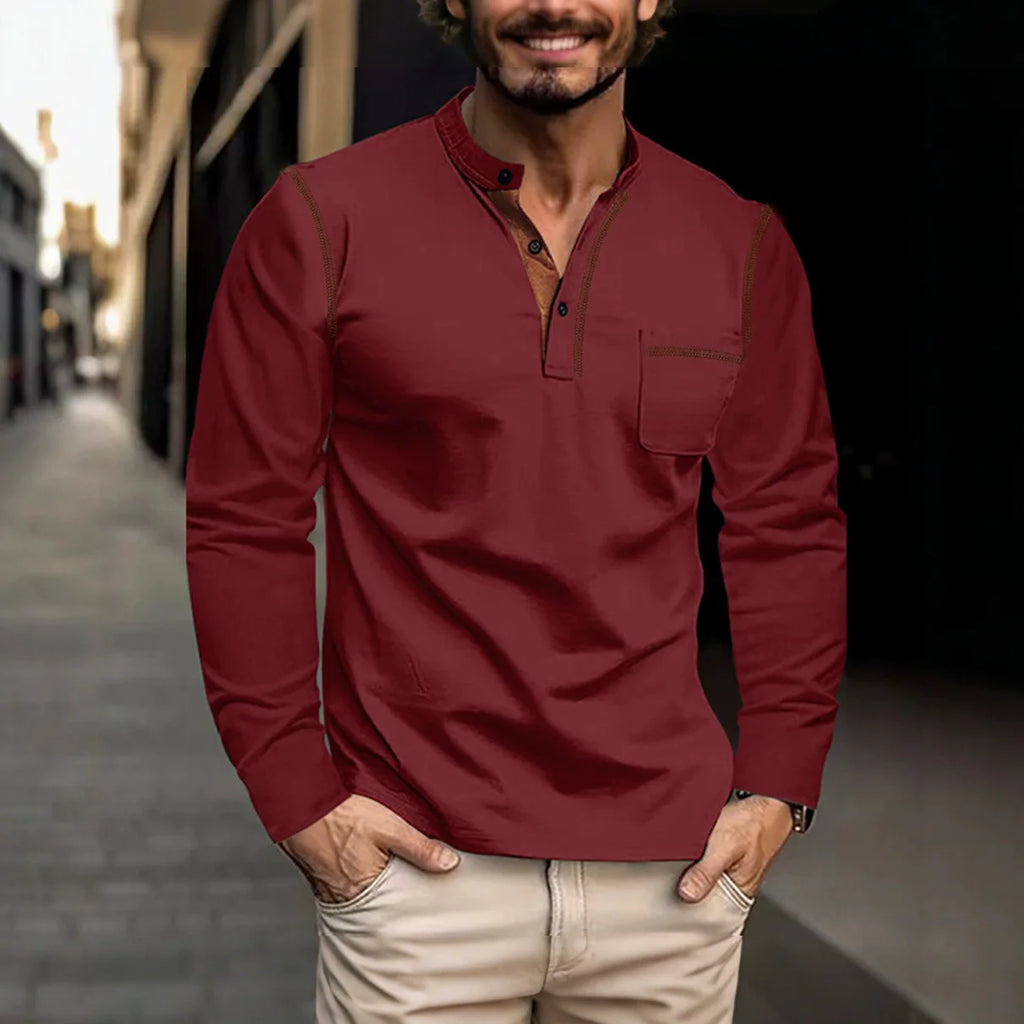 Chemise Homme Manches Longues Col Henley Poche Casual – CLEVI Paris