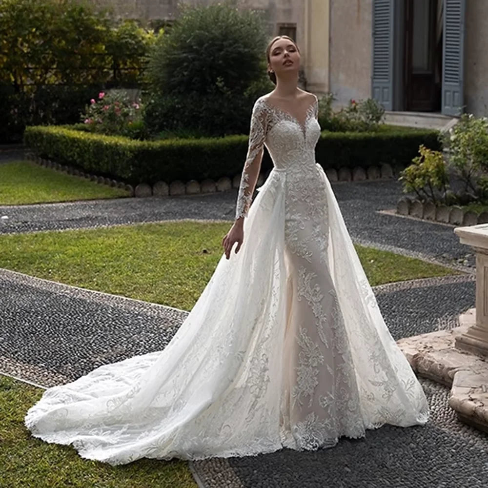 Robe de mariée sirène en tulle à col rond – CLEVI Paris