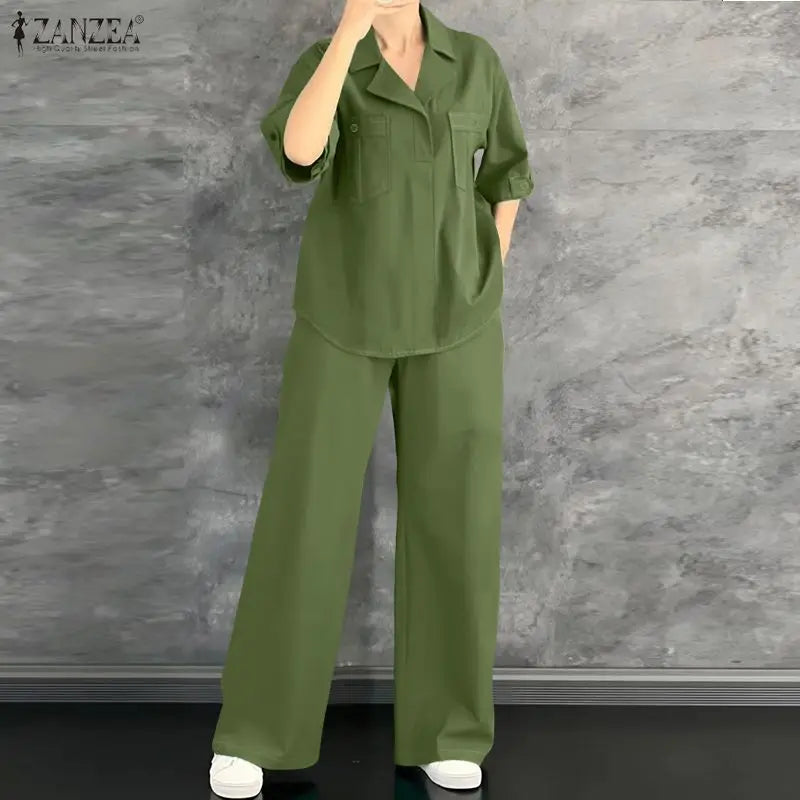 Ensemble 2 Pièces Femme Blouse Col Rabattu Manches Mi-Longues Boutonnée Poches + Pantalon Large Taille Mi-Haute Élastique Casual Bohème Beige Vert Noir – CLEVI Paris