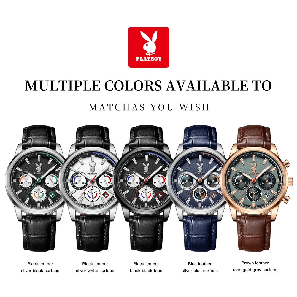 PLAYBOY 3305 Montre Homme Quartz Chronographe Calendrier Cuir 40mm 30M – CLEVI Paris