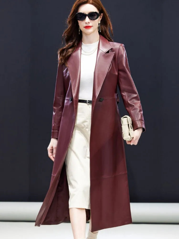 Trench long femme cuir de mouton ceinturé – CLEVI Paris