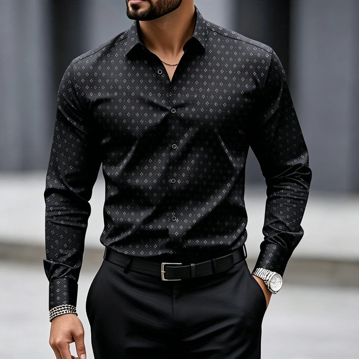 Chemise homme à pois géométriques à manches longues – CLEVI Paris