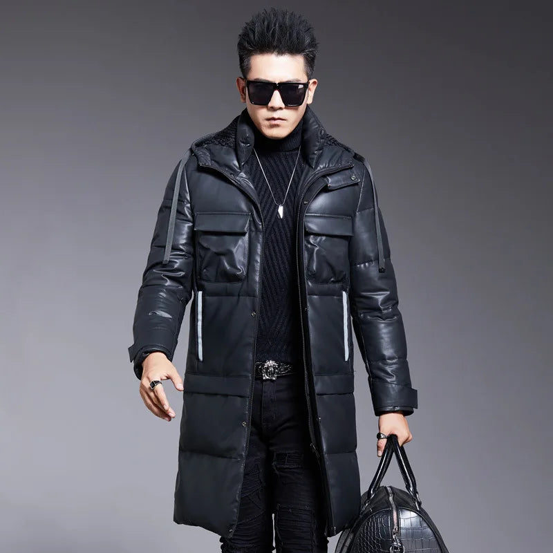 Manteau homme cuir et duvet d’oie à capuche – CLEVI Paris