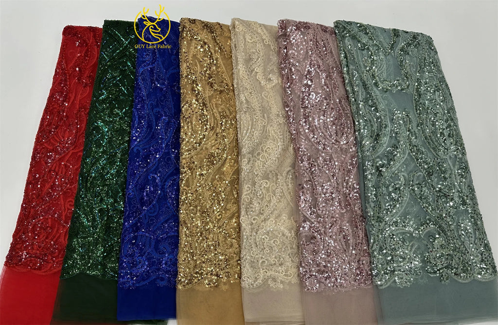 Tissu dentelle brodée à perles et sequins – CLEVI Paris