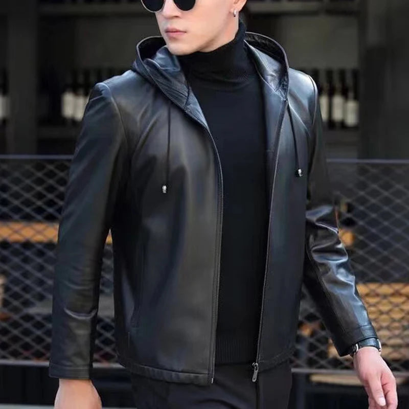 Blouson homme en cuir noir à capuche – CLEVI Paris
