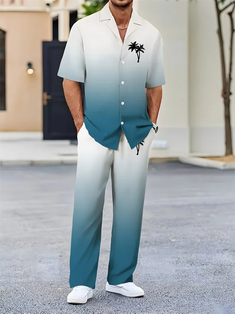 Ensemble 2 Pièces Homme Chemise Imprimée 3D Col Cranté + Pantalon Casual Voyage – 26 Motifs, S à 2XL – CLEVI Paris