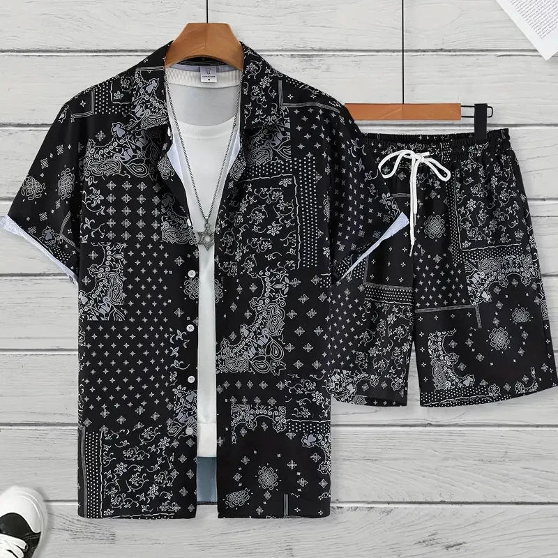 Ensemble 2 Pièces Homme Chemise Manches Courtes Col Cranté Imprimée Boutonnée + Short Cordon Style Hawaïen Beach Rétro Grande Taille – CLEVI Paris