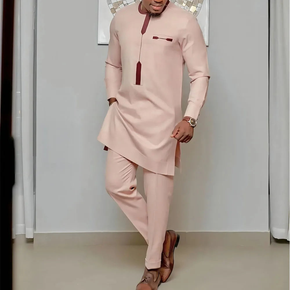 Ensemble Kaftan Homme Col Rond Manches Longues Tenue Africaine Traditionnelle 2 Pièces – CLEVI Paris