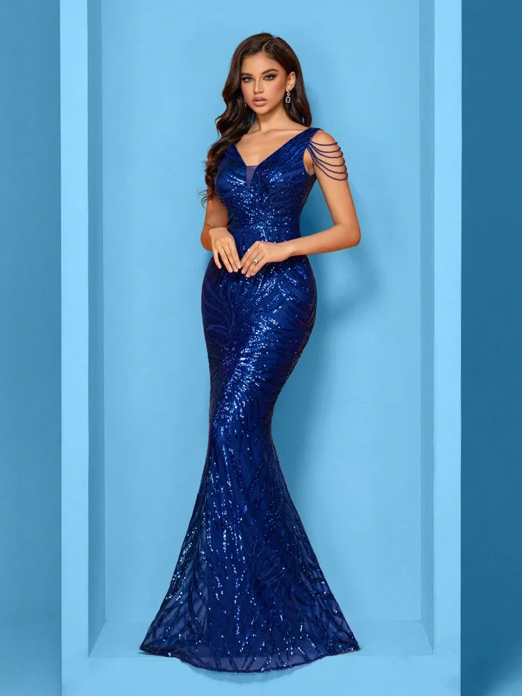 Robe sirène bleu roi à paillettes – CLEVI Paris