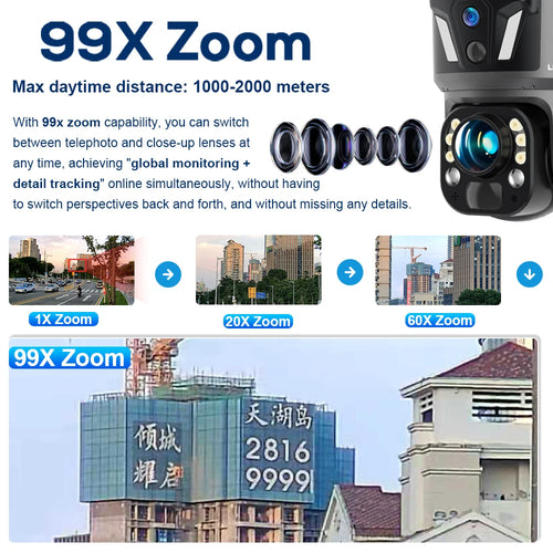 Caméra Solaire 8MP Zoom 99x PTZ 355° 4G/Wi-Fi Double Objectif PIR Suivi IA IR 40m IP66 UBox – CLEVI Paris