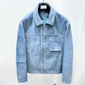 Veste homme en cuir bleu boutonnée à col rabattu – CLEVI Paris