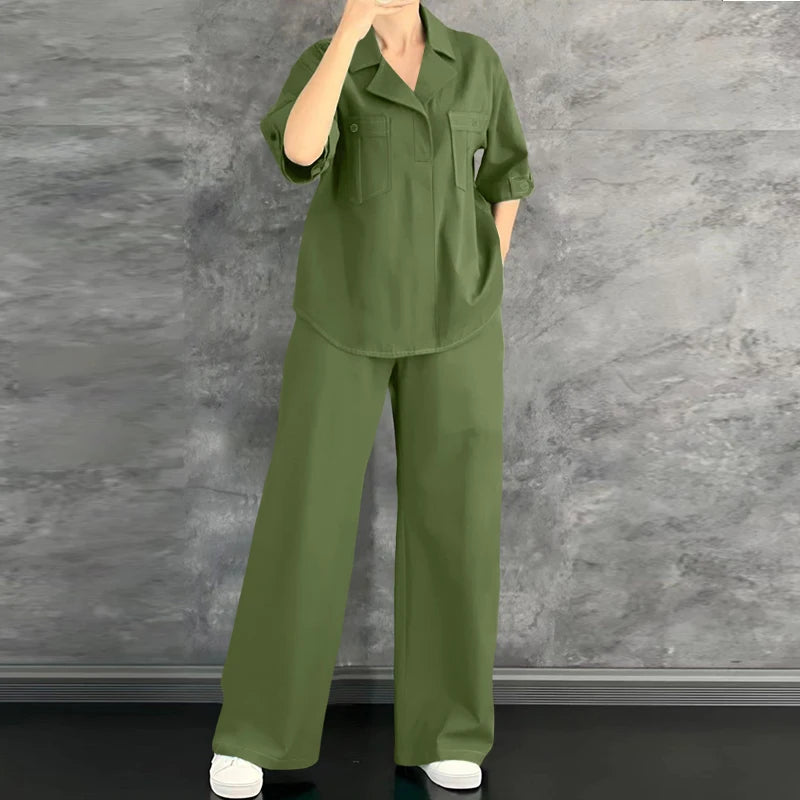 Ensemble 2 Pièces Femme Blouse Col Rabattu Manches Mi-Longues Boutonnée Poches + Pantalon Large Taille Mi-Haute Élastique Casual Bohème Beige Vert Noir – CLEVI Paris