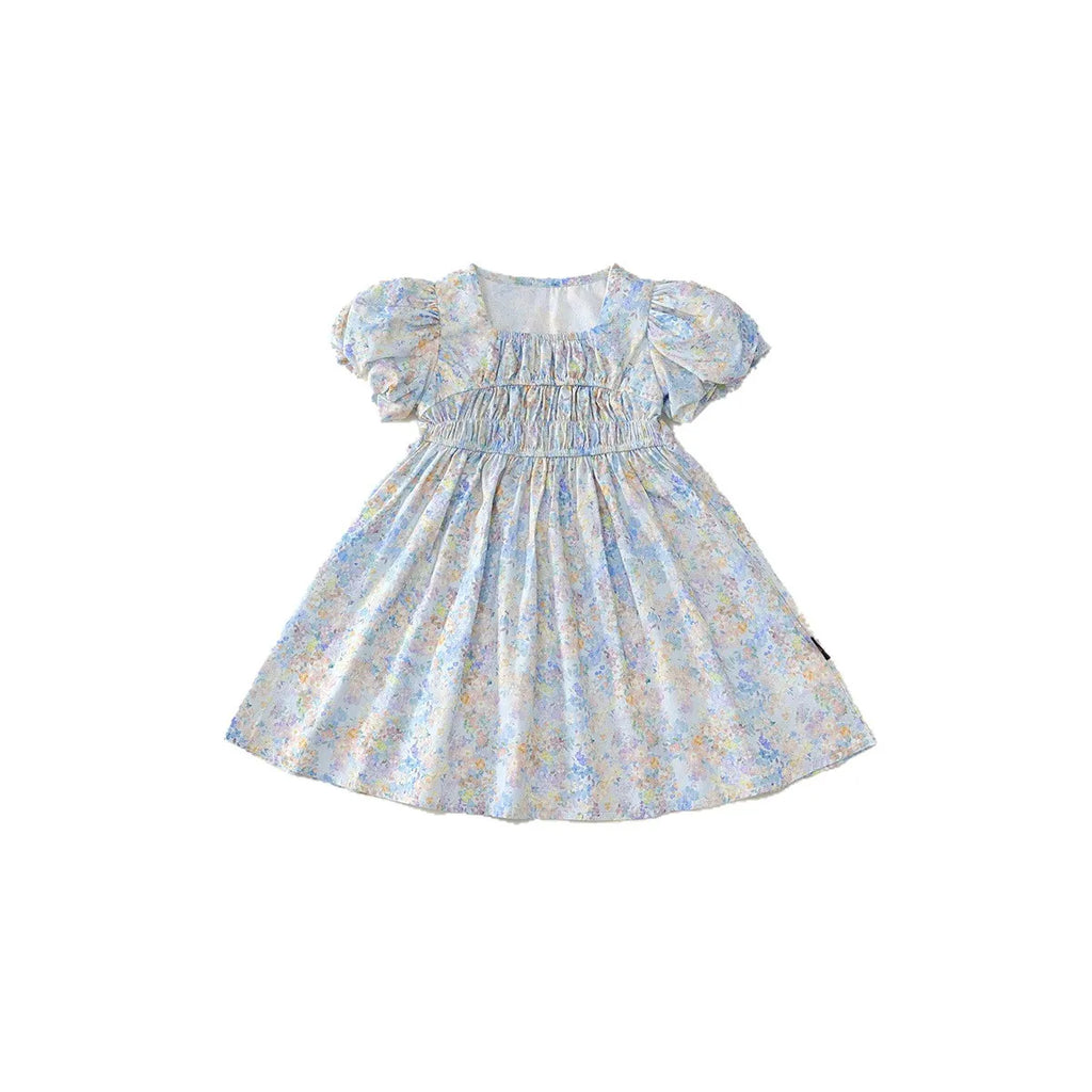 Robe fille bleue fleurie à manches courtes – CLEVI Paris