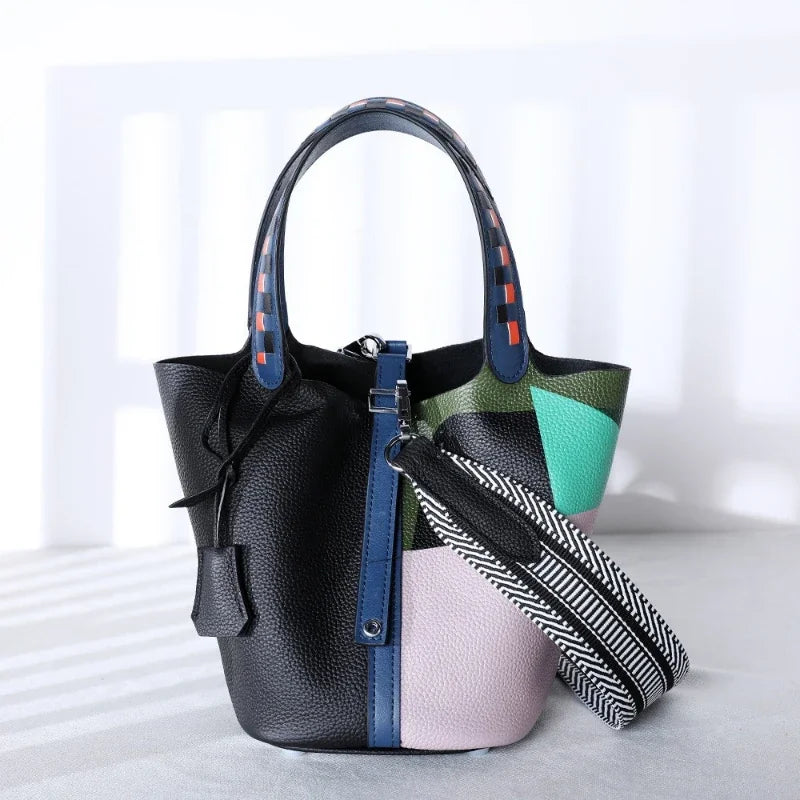 Sac Seau Cuir Bicolore Patchwork Bandoulière Rayures Femme – CLEVI Paris
