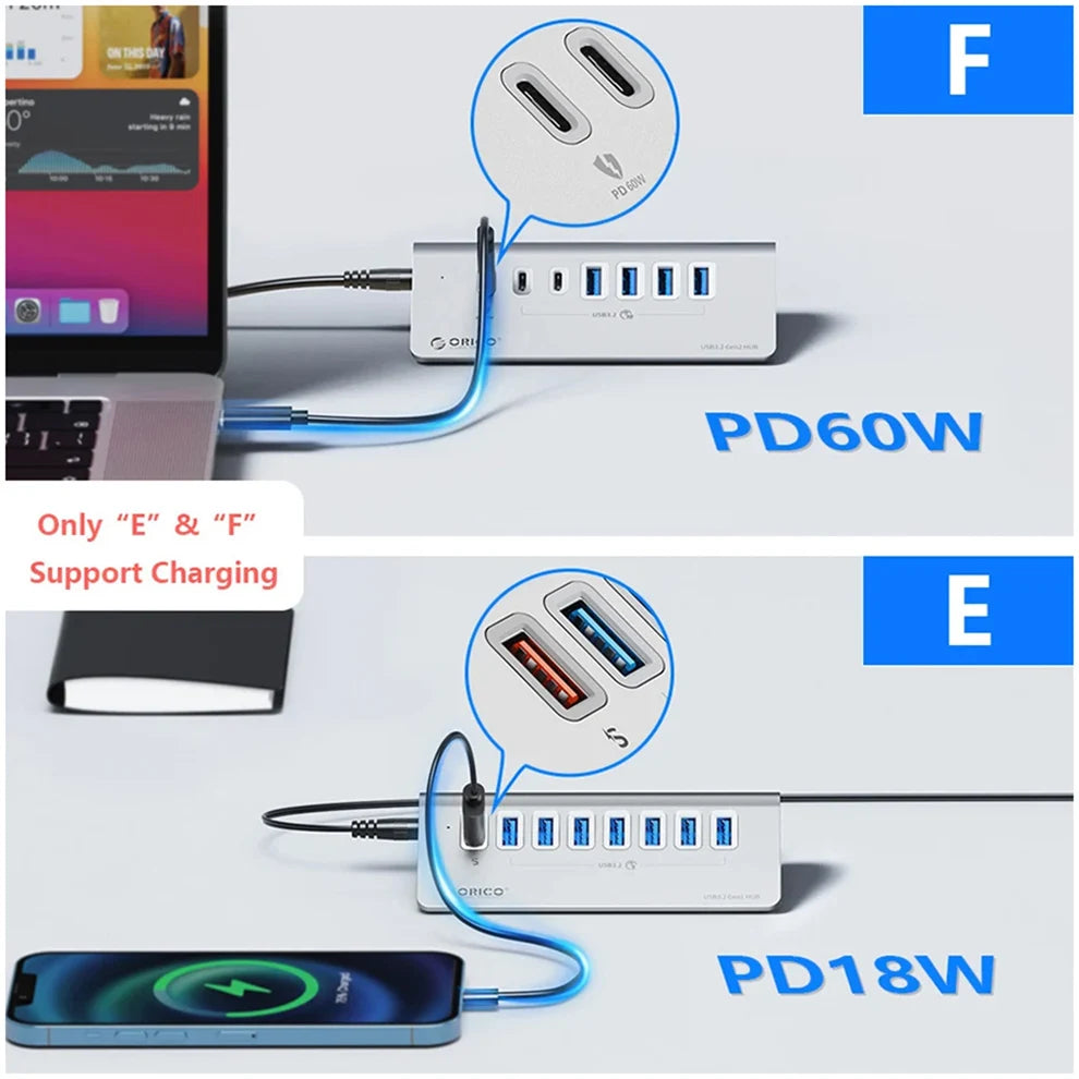 Docking Station ORICO USB-C 10Gbps 4 7 Ports PD60W Aluminium PC Mac – CLEVI Paris