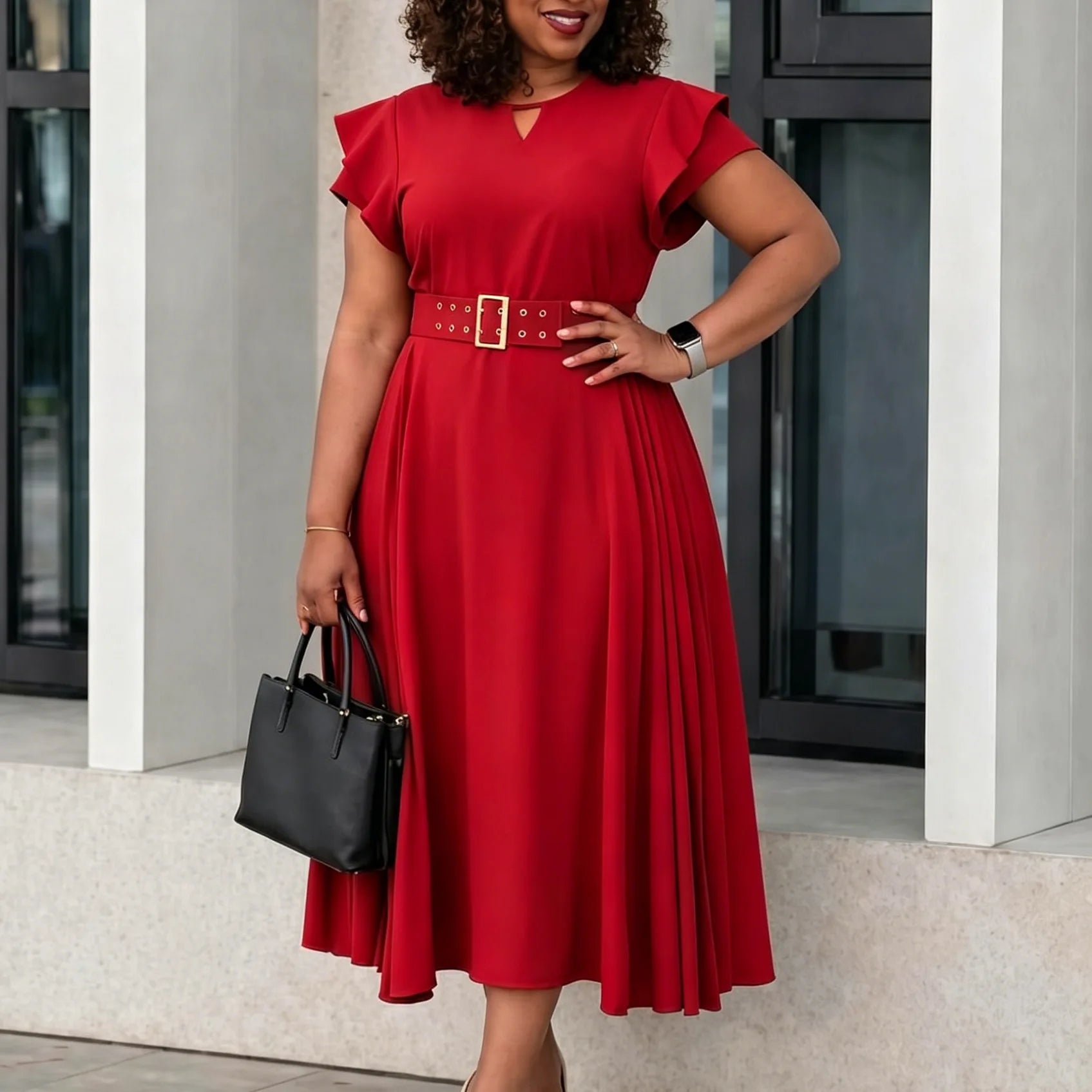 Robe Femme Grande Taille Col V Manches Courtes Ceinture A-line Mi-Mollet Bureau – CLEVI Paris