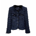 Veste femme en tweed bleu à col rond – CLEVI Paris