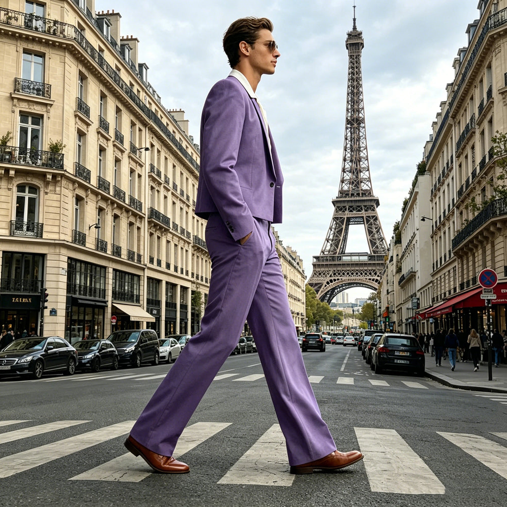 Costume 2 Pièces Homme Blazer Court Col Châle + Pantalon Évasé Taille Haute Style Vintage Slim Fit – CLEVI Paris