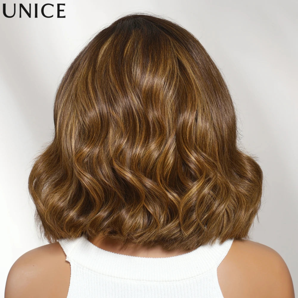 Perruque BOB Wavy Brun Chocolat Reflets Dorés Lace Glueless 100% Cheveux Humains 10-14 Pouces – CLEVI Paris