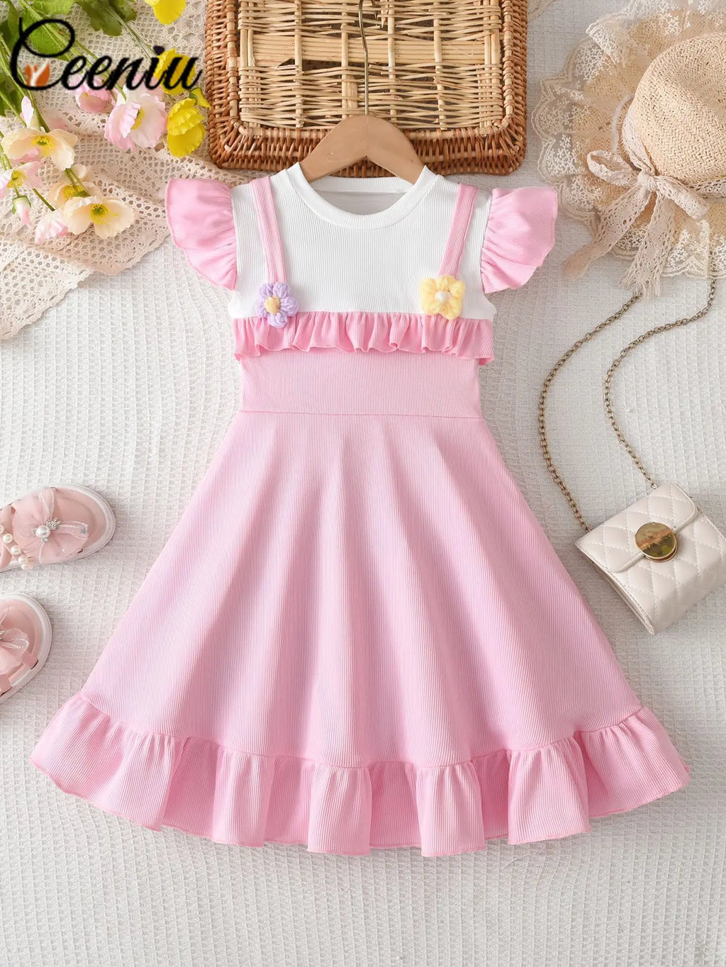 Robe fille rose à fleurs en relief – CLEVI Paris